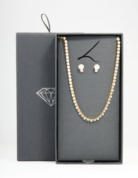 Gold Cubic Zirconia Pearl Tennis Necklace & Earrings Set - link has visual effect only