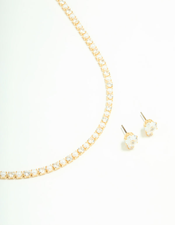 Gold Cubic Zirconia Pearl Tennis Necklace & Earrings Set