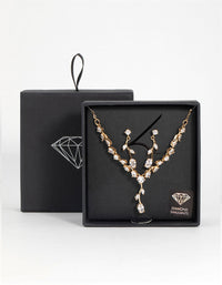 Gold Cubic Zirconia Flower Vine Necklace & Drop Earrings Set - link has visual effect only