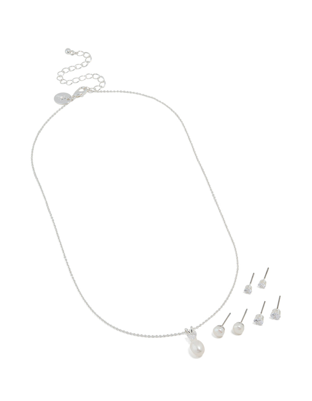 Silver Cubic Zirconia Freshwater Pearl Stud Necklace & Earrings Set