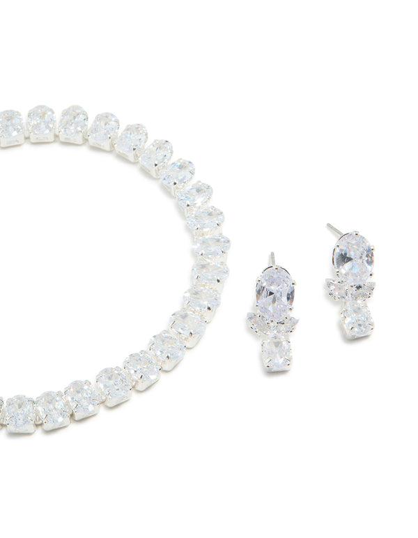 Silver Cubic Zirconia Tennis Bracelet & Teardrop Earrings Set