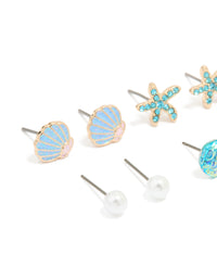 Kids Glitter Gold Sea & Starfish Stud Earrings 6-Pack - link has visual effect only