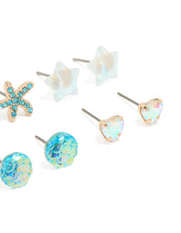 Kids Glitter Gold Sea & Starfish Stud Earrings 6-Pack - link has visual effect only