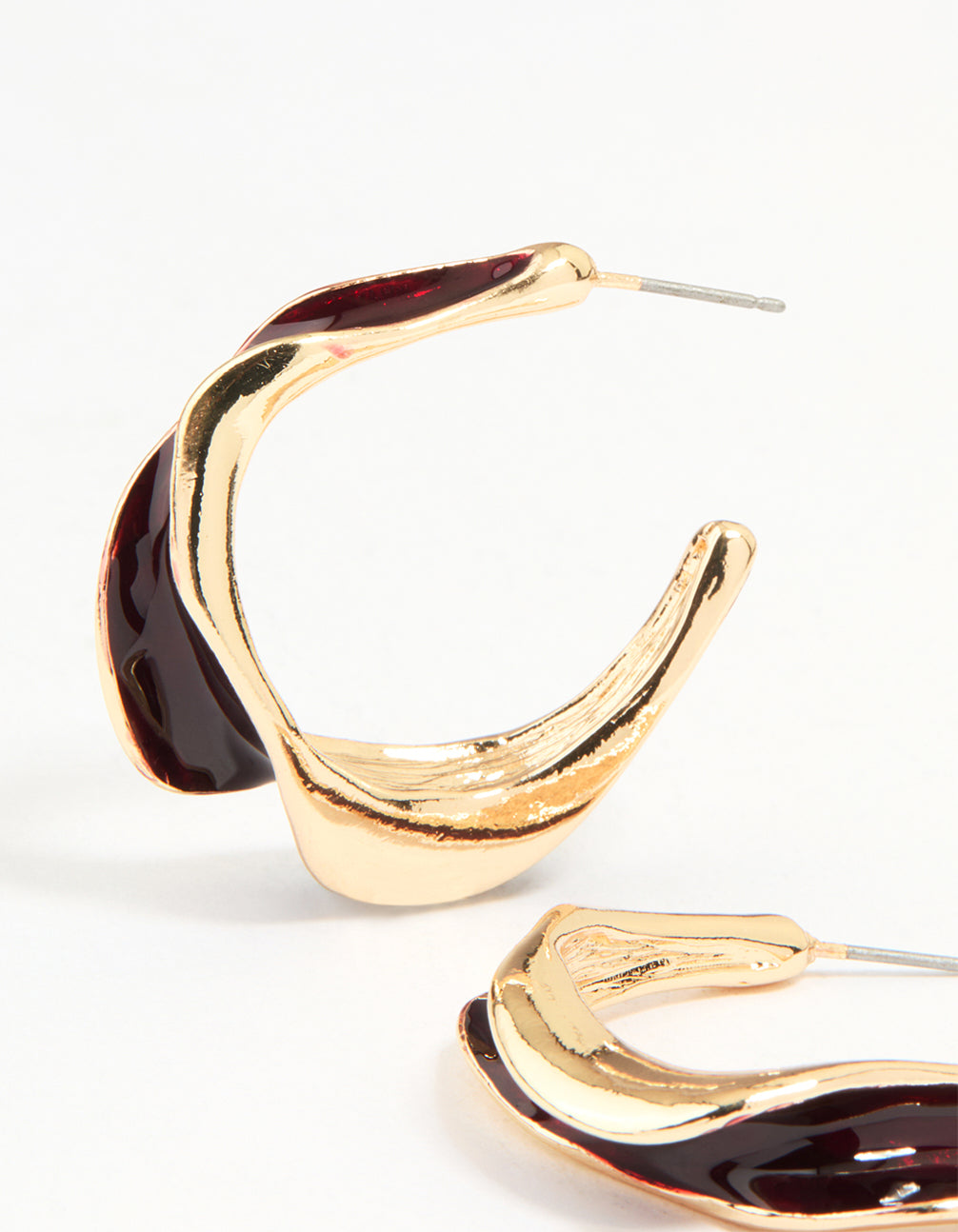 Gold Red Enamel Organic Hoop Earrings