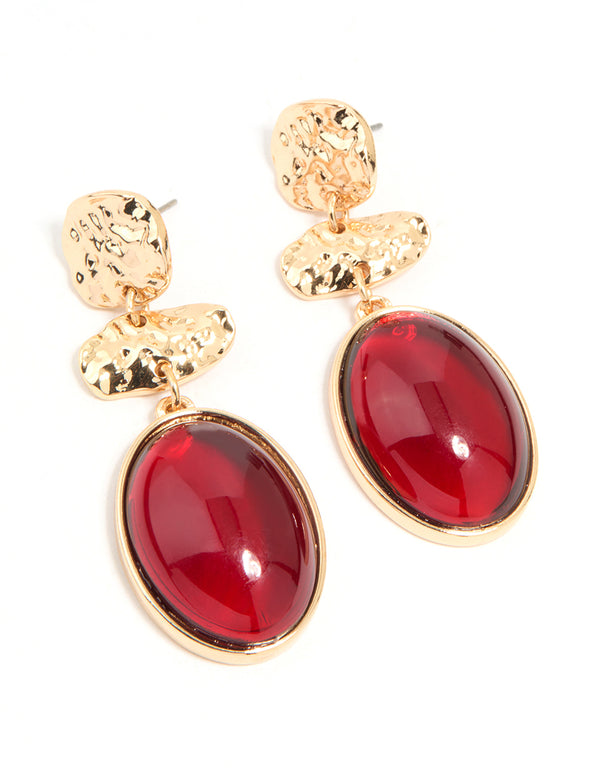 Gold Red Stone Molten Triangular Round Drop Earrings