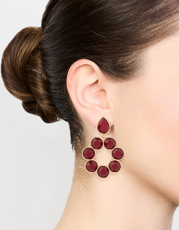 Gold Red Round Stone Drop Earrings