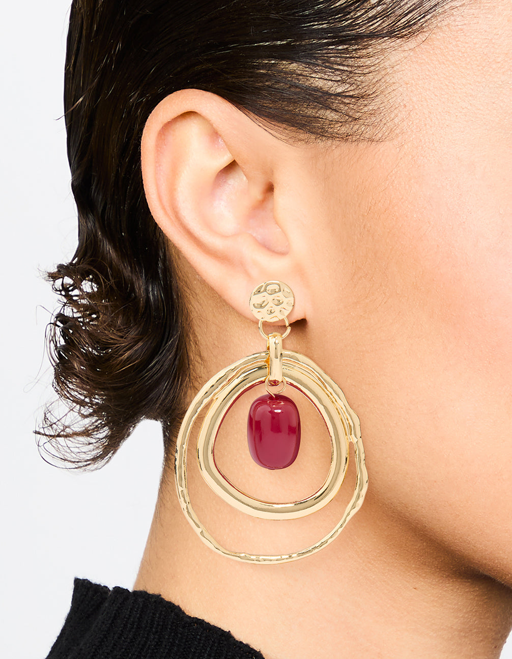 Gold Red Bead Layered Teardrop Shaped Stud Earrings