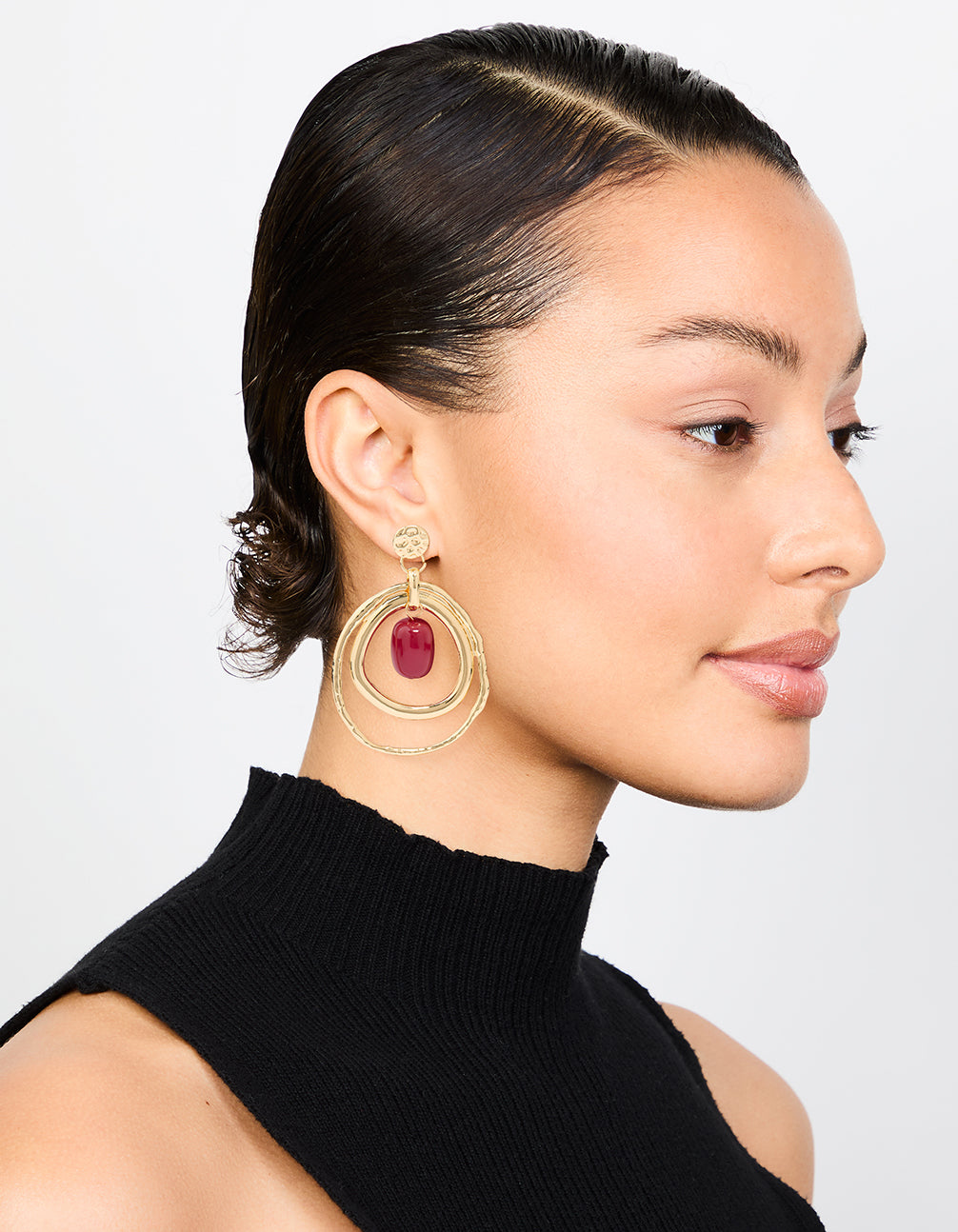 Gold Red Bead Layered Teardrop Shaped Stud Earrings