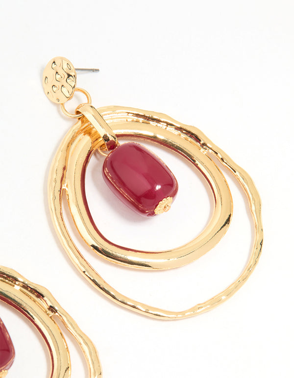 Gold Red Bead Layered Teardrop Shaped Stud Earrings