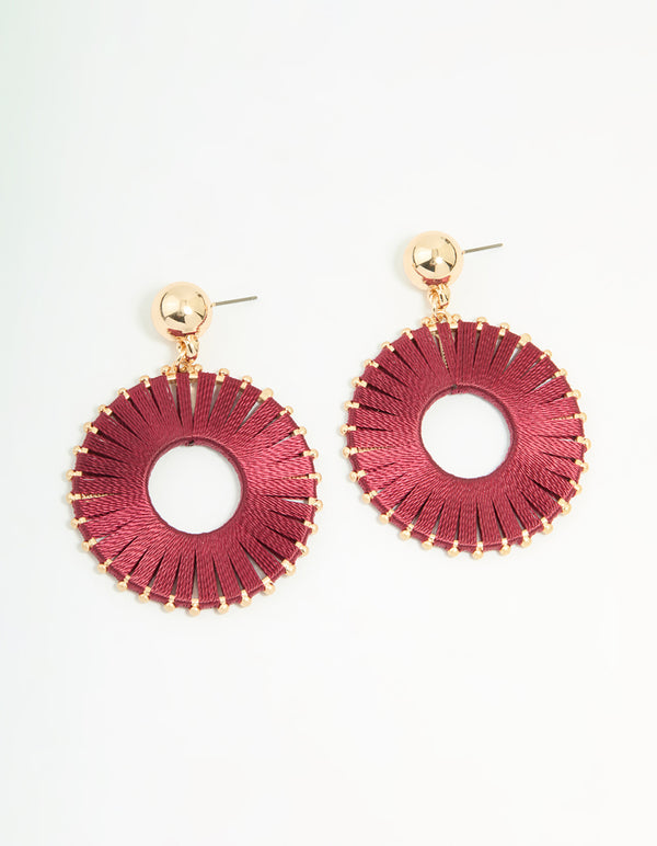 Gold Red Threaded Wheel Drop Earrings