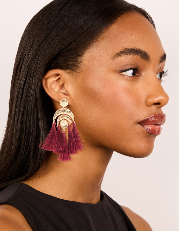 Gold Red Molten Rainbow Shaped Tassel Earrings