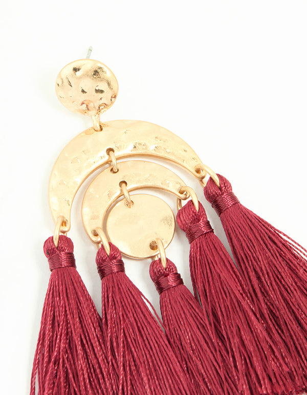 Gold Red Molten Rainbow Shaped Tassel Earrings