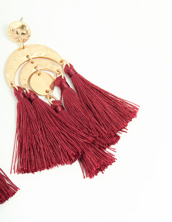 Gold Red Molten Rainbow Shaped Tassel Earrings
