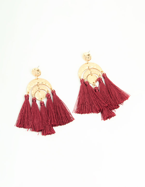 Gold Red Molten Rainbow Shaped Tassel Earrings