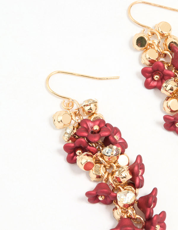 Gold Red Flowers Chain Drop Earrings