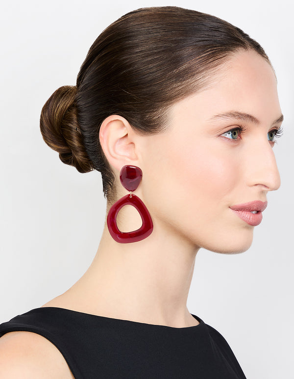 Red Acrylic Organic Open Square Oval Drop Earrings