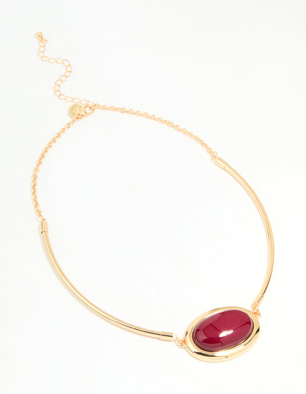 Gold Red Large Stone & Tube Necklace