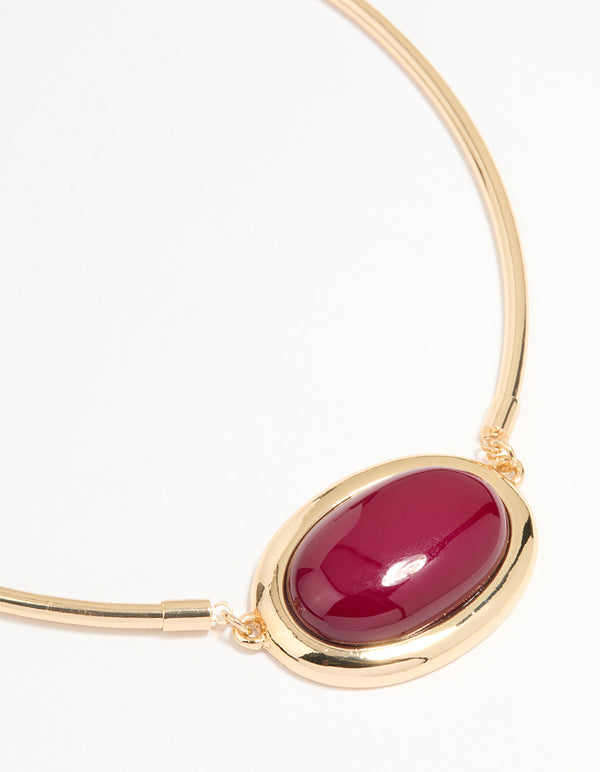 Gold Red Large Stone & Tube Necklace