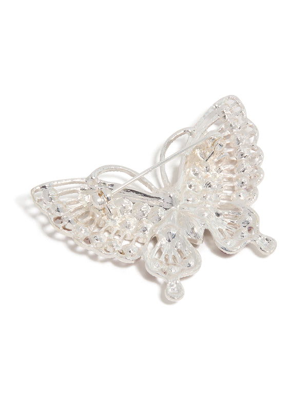 Silver Purple Diamante Butterfly Brooch
