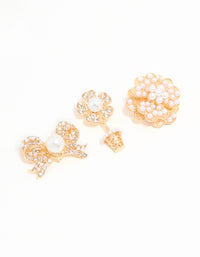 Gold Pearl Bow & Flower Brooches 3-Pack - link has visual effect only