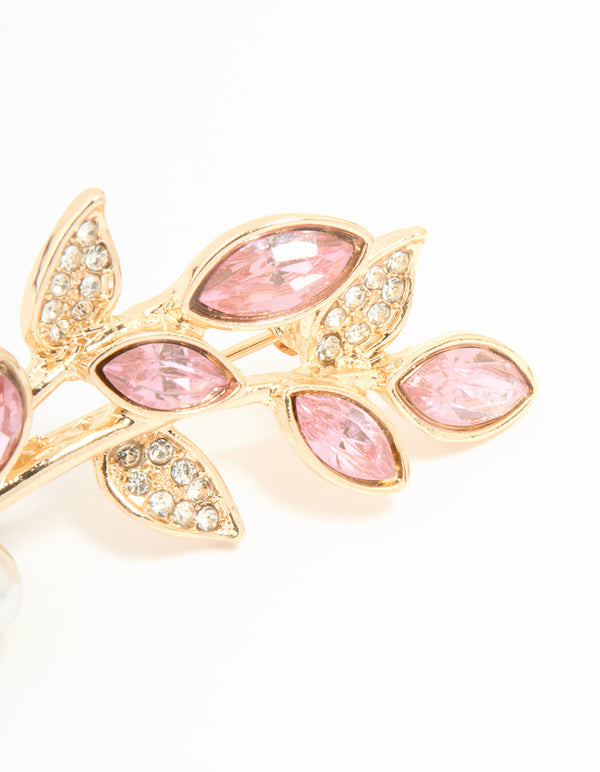 Gold Pink Diamante & Pearl Leaf Brooch