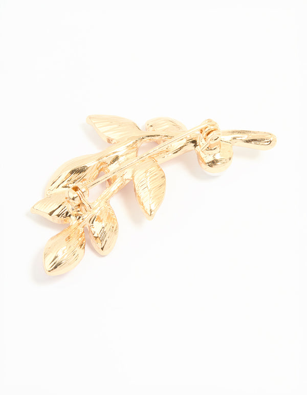 Gold Pink Diamante & Pearl Leaf Brooch