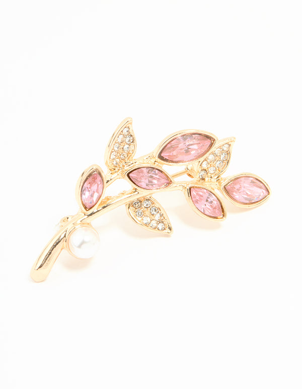 Gold Pink Diamante & Pearl Leaf Brooch