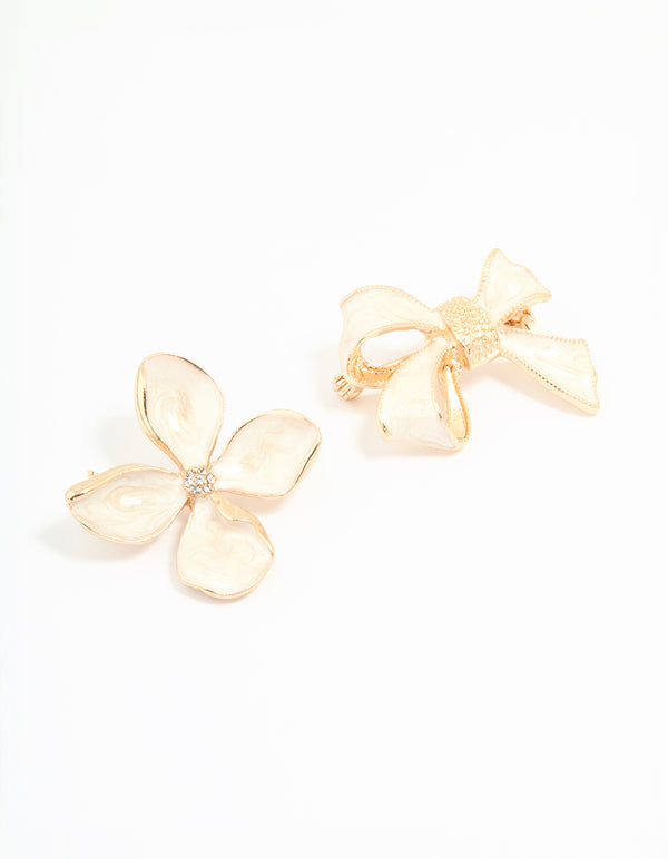 Gold Bow & Flower Brooches 2-Pack