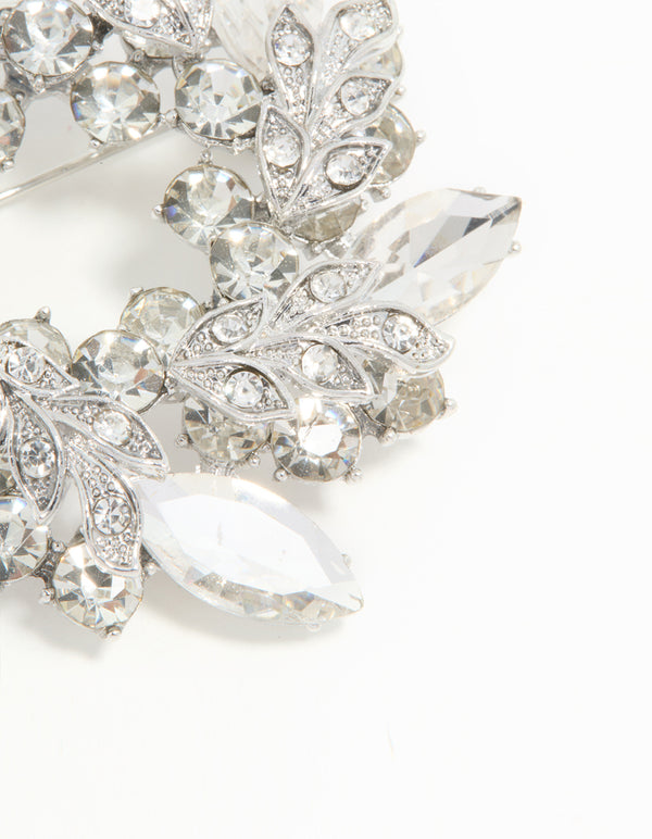 Silver Diamante Leaf Round Brooch