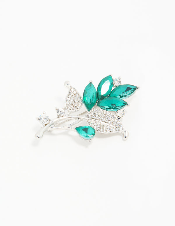 Silver Green Diamante Leaf Brooch