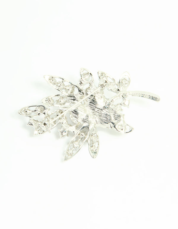 Silver Pearl Diamante Leaf Brooch