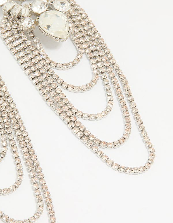 Silver Diamante Layered Chain Drop Earrings