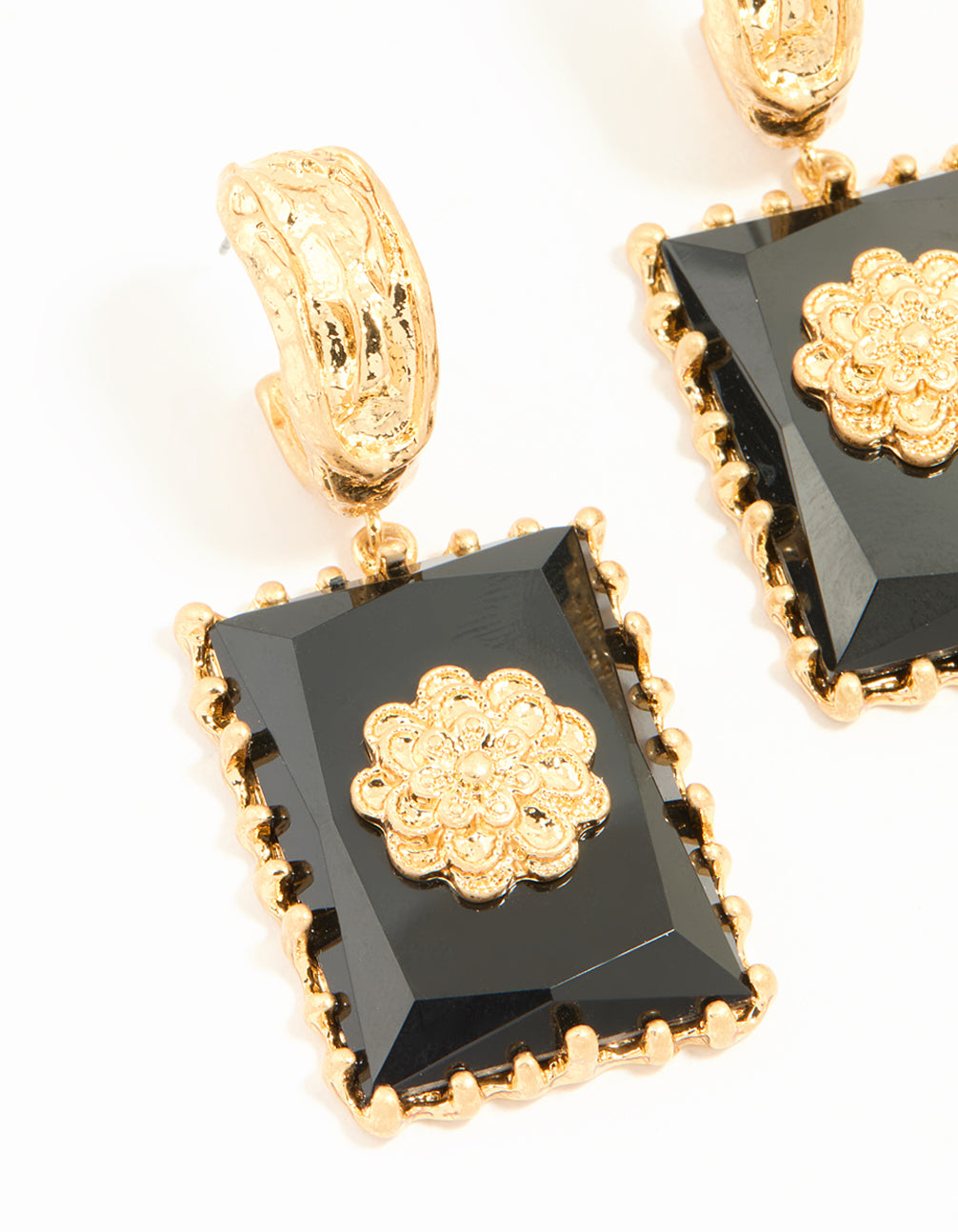 Worn Gold Black Stone Drop Earrings
