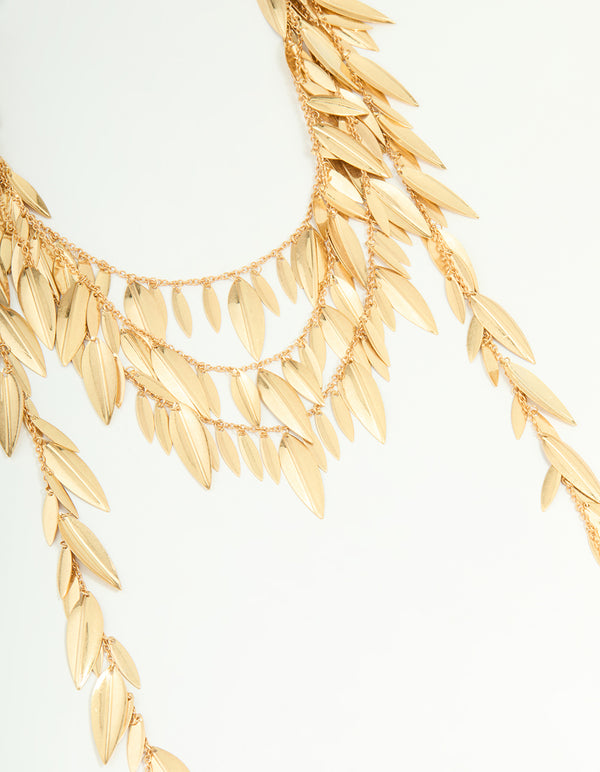 Worn Gold Feather Charm Layered Necklace