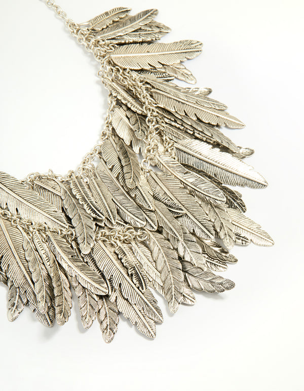 Worn Silver Feather Charm Layered Necklace