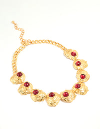 Worn Gold Red Stone Textured Necklace - link has visual effect only