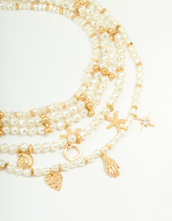 Worn Gold Pearl Layered Necklace