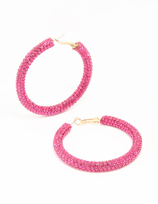 Gold Pink Diamante Hoop Earrings