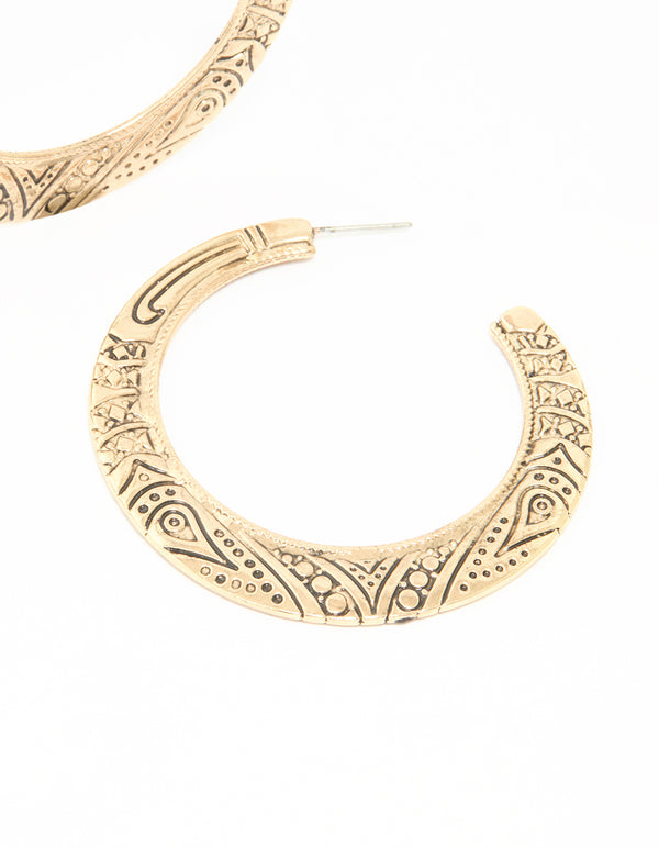 Antique Gold Patterned Hoop Earrings