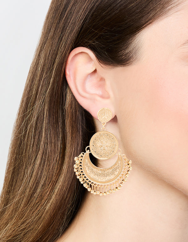 Gold Boho Etched Flower Drop Earrings