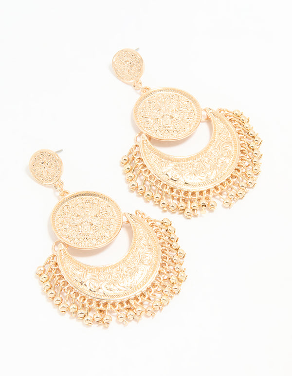 Gold Boho Etched Flower Drop Earrings