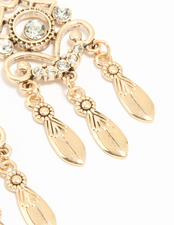 Antique Gold Diamante Hook Earrings