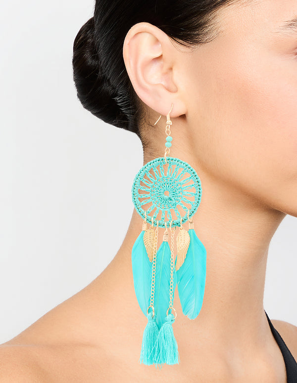 Blue Feather Dreamcatcher Drop Earrings
