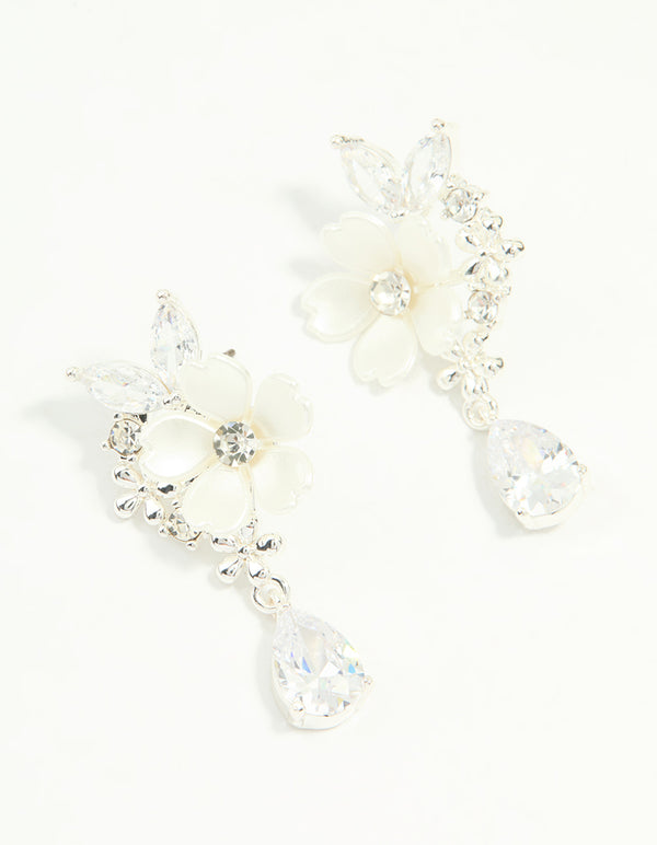 Silver Plated Cubic Zirconia Flower Drop Earrings