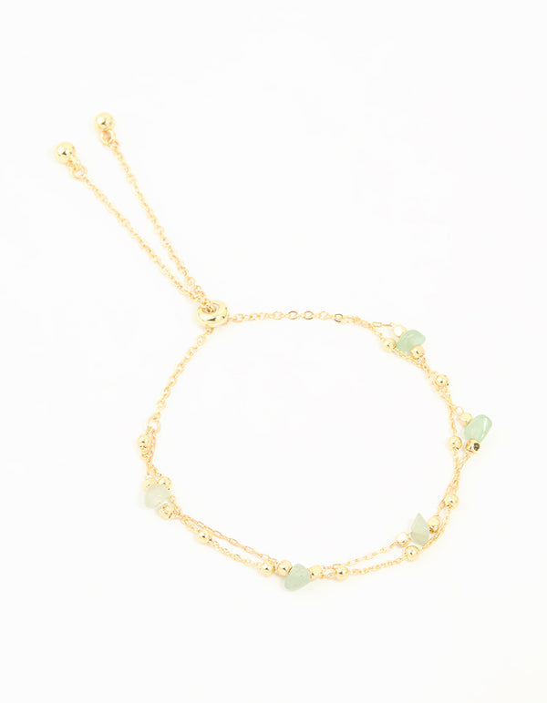 Gold Plated Green Semi Precious Stone Layered Toggle Bracelet