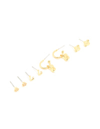 Gold Plated Cubic Zirconia Letter L & Dainty Flower Earrings 4-Pack - link has visual effect only