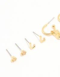 Gold Plated Cubic Zirconia Letter L & Dainty Flower Earrings 4-Pack - link has visual effect only