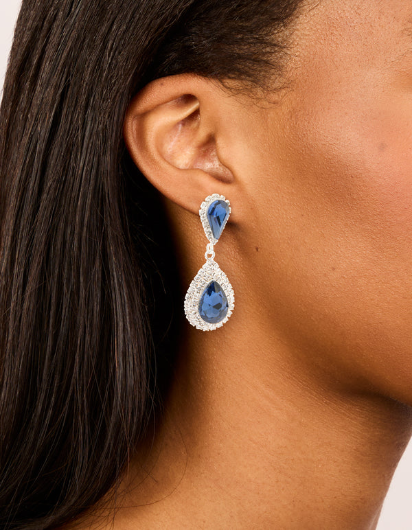 Silver Blue Diamante Double Pear Drop Earrings