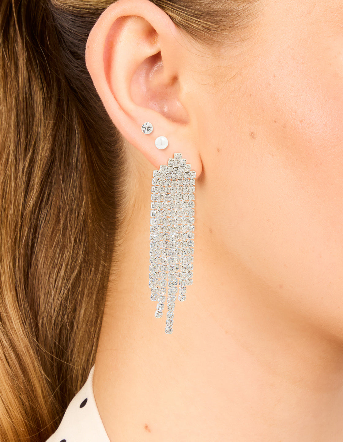 Silver Pearl Stud & Diamante Cupchain Earrings 3-Pack