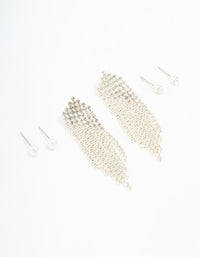 Silver Pearl Stud & Diamante Cupchain Earrings 3-Pack - link has visual effect only